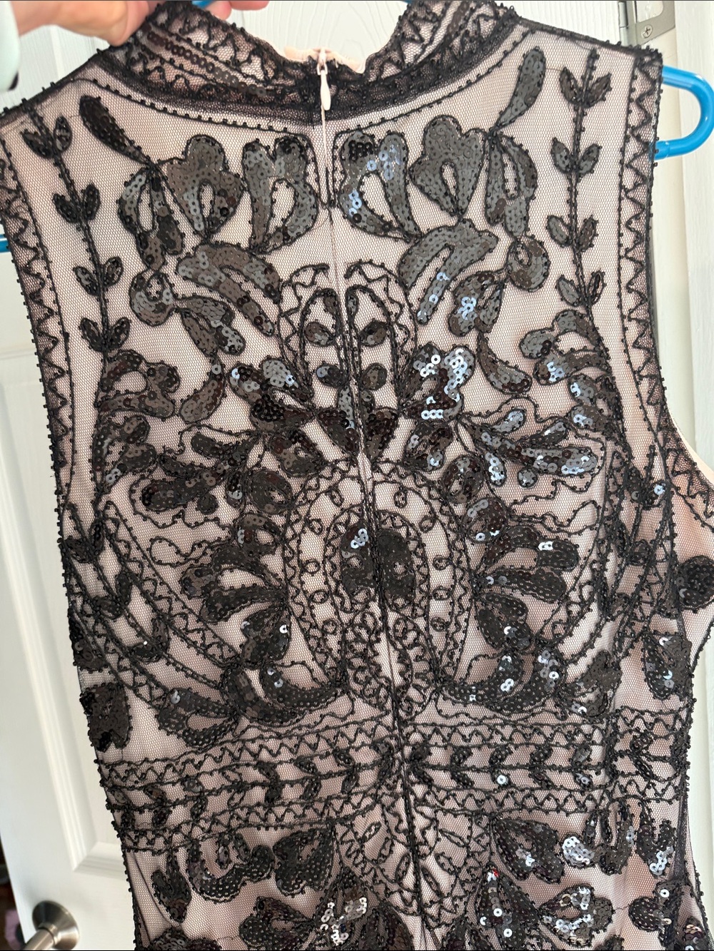 Unique Vintage Blush and Black Beaded Fringe Midi Dress - Picture 3 of 4